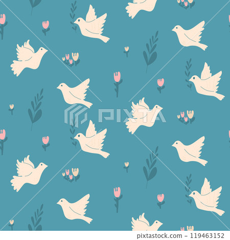 Dove seamless pattern. Flying pigeon holding an olive branch repeat cover. Sky flight continuous ornament. Surface pattern design birds motif. Vector hand drawn illustration. 119463152