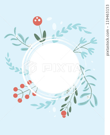 Winter banner template with copy space on circular frame decorated with botanical elements and berries on a light blue background. Vector hand drawn flat illustration. 119463153