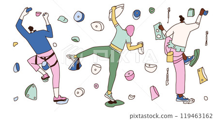 Climbing wall park. Climbers training kit. Vector hand drawn flat collection illustration isolated on white background. Climbing wall park. Climbers training kit. Vector hand drawn flat collection illustration isolated on white background. 119463162