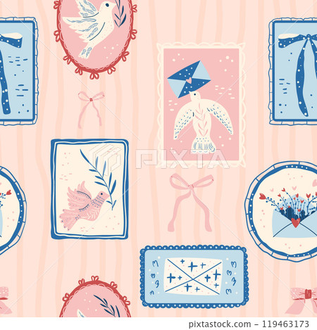 Retro mailing service seamless pattern. Carrier pigeon, bow and envelope in frames endless background. Surface pattern design homing pigeons motif. Vector hand drawn preppy illustration. Retro mailing service seamless pattern. Carrier pigeon, bow and envelope in frames endless background. Surface pattern design homing pigeons motif. Vector hand drawn preppy illustration. 119463173