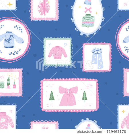 Sweaters, scarf and socks seamless pattern. Winter cozy fun clothing endless background. Warm Christmas apparel continuous ornament. Surface pattern design vector holiday motif. Sweaters, scarf and socks seamless pattern. Winter cozy fun clothing endless background. Warm Christmas apparel continuous ornament. Surface pattern design vector holiday motif. 119463178