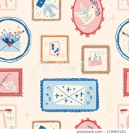 Retro mailing service seamless pattern. Carrier pigeon, bow and envelope in frames endless background. Surface pattern design homing pigeons motif. Vector hand drawn illustration. Retro mailing service seamless pattern. Carrier pigeon, bow and envelope in frames endless background. Surface pattern design homing pigeons motif. Vector hand drawn illustration. 119463181