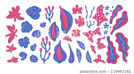 Stylized leaves and plants. Vibrant organic shapes. Vector hand drawn flat collection illustration isolated on white background. 119463182