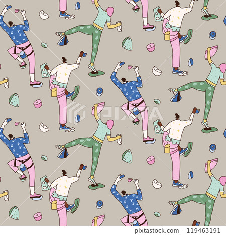 Climbing wall with people seamless pattern. Rock clambering park endless background. Indoor bouldering repeat cover. Cliff wall continuous ornament. Vector hand drawn illustration. 119463191