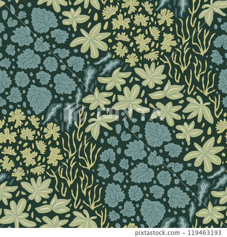 Flower bed dark garden seamless pattern. endless background. Plant repeat cover. continuous ornament. Surface pattern design motif. Vector hand drawn illustration. 119463193