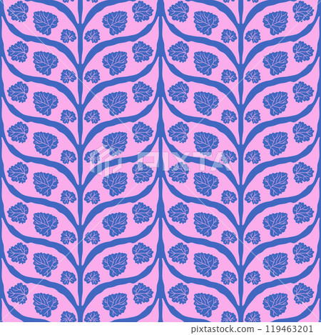 Heuchera blue and pink leaves braided seamless pattern. Plant vibrant endless background. Surface pattern design dopamine design motif. Vector hand drawn illustration. 119463201