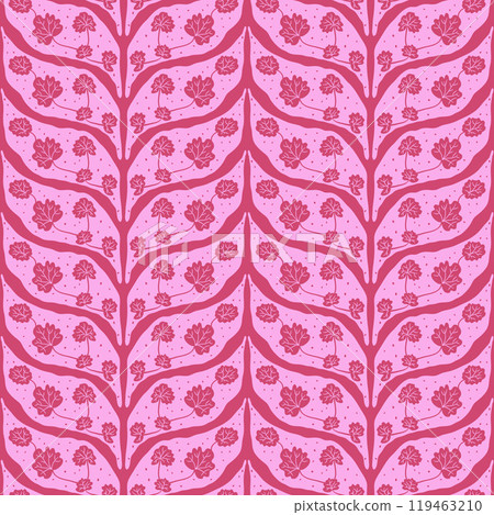 Pink leaves braided seamless pattern. Heuchera plant vibrant endless background. Surface pattern design dopamine design motif. Vector hand drawn illustration. 119463210