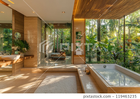 A bathroom with a large bathtub and a sink 119463235