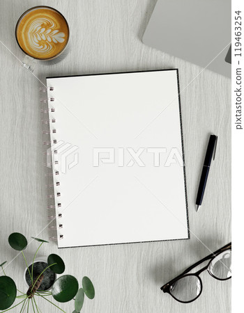 Minimalist Workspace with Notebook and Coffee 3D Render Minimalist Workspace with Notebook and Coffee 3D Render 119463254