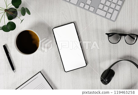 Tech Workspace Flat Lay with Smartphone and Headphones 3D Render Tech Workspace Flat Lay with Smartphone and Headphones 3D Render 119463258