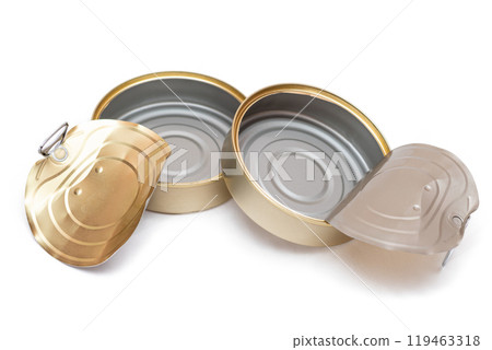 Two Opened Empty Tin Cans With Broken Cover Isolated on White Background 119463318