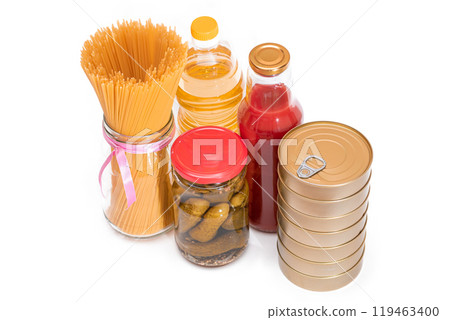 Food Reserves: Canned Food, Spaghetti, Pate, Tuna, Tomato Juice, Pasta, Fish and Grocery - Isolated 119463400