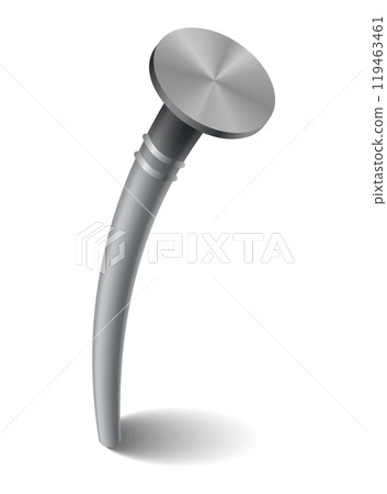 Hammered nail on surface. Iron, steel or silver pin head. Bent metal spike or hobnail with cap in cartoon style. Vector grey hardware for home construction, isolated on white background Hammered nail on surface. Iron, steel or silver pin head. Bent metal spike or hobnail with cap in cartoon style. Vector grey hardware for home construction, isolated on white background 119463461