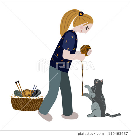 Blonde girl playing cat needlework vector artwork 119463487