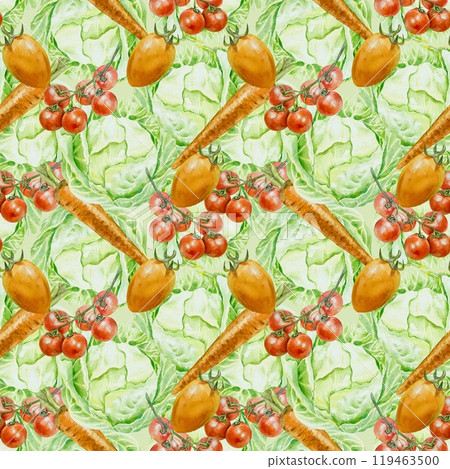 Vegetable seamless pattern. Cabbage, tomato, carrot. Hand drawn watercolor illustration. Wrapping paper, textile, labels, fabric, covers, wallpaper. 119463500