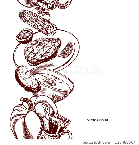 Pumpkin, corn, soup, mulled wine, meat steak. Seamless vertical border. Vector illustration. Restaurant menus, cafes, cookbooks, banners, posters. 119463504