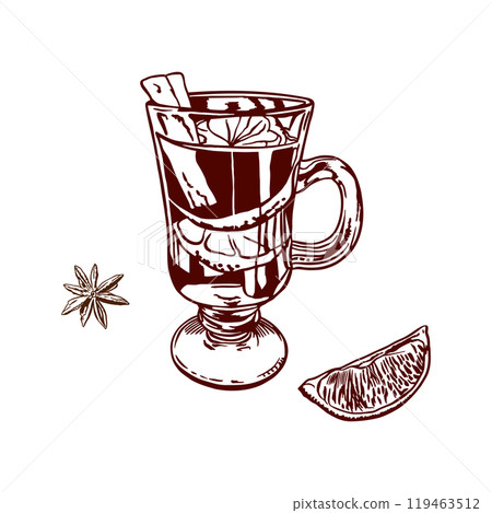 Mulled wine with cinnamon, lemon wedge, star anise. Vector illustration in graphic style. For Christmas invitations, cards, posters, banners, labels. 119463512