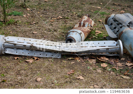 The tail section of a 220 mm rocket for the Uragan rocket fire system on a city flowerbed in Mykolaiv The tail section of a 220 mm rocket for the Uragan rocket fire system on a city flowerbed in Mykolaiv 119463636