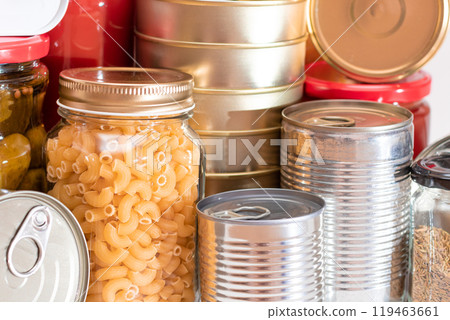 Food Reserves: Canned Food, Spaghetti, Pate, Tuna, Tomato Juice, Pasta, Fish and Grocery 119463661