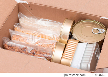 Carton Box with Canned Food, Cereals and Grocery - Donation Box or Food Reserves Carton Box with Canned Food, Cereals and Grocery - Donation Box or Food Reserves 119463662