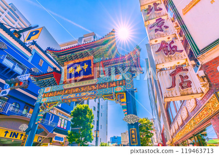 Yokohama cityscape in Japan. View of Yokohama Chinatown and Chaoyangmon Gate. Towards an era of hope = 7th 119463713