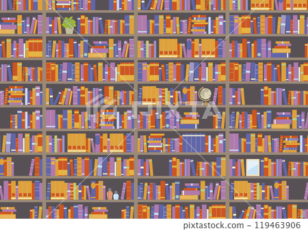 Background with many books lined up on a bookshelf (no line drawing) 119463906
