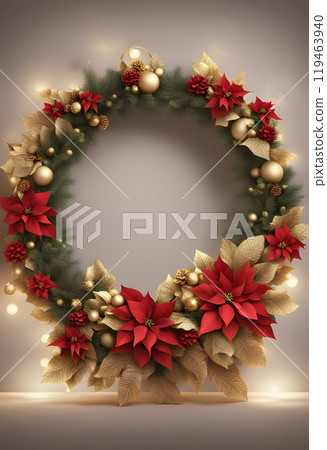 Traditional Christmas wreath on rustic white wood. 119463940