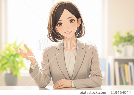 A young woman at a consultation counter explaining something _ precise illustration 2 119464044