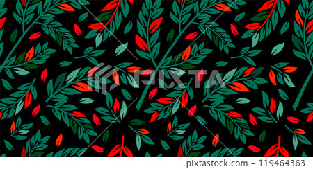 Green and red seamless dark background twigs and leaves. hand drawing. Not AI, Vector illustration 119464363