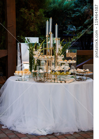 Elegant Outdoor Dessert Table with Floral Decor and Golden Accents for A Special Occasion 119464387