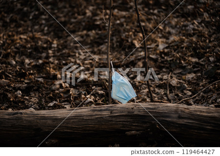 Discarded Blue Face Mask Hanging from a Branch in a Leafy Forest Setting Discarded Blue Face Mask Hanging from a Branch in a Leafy Forest Setting 119464427