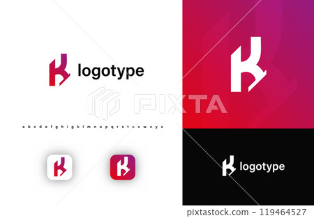 Sporty futuristic angular logo. Sharp geometric dynamic edges letter k. Minimalist innovative emblem for tech, game app, music, sport, design agency, digital space identity. Vector illustration Sporty futuristic angular logo. Sharp geometric dynamic edges letter k. Minimalist innovative emblem for tech, game app, music, sport, design agency, digital space identity. Vector illustration 119464527