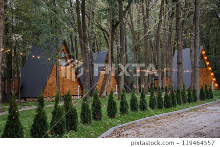 Cozy wooden A-frame cabins in forest with sunlight and outdoor seating area 119464557