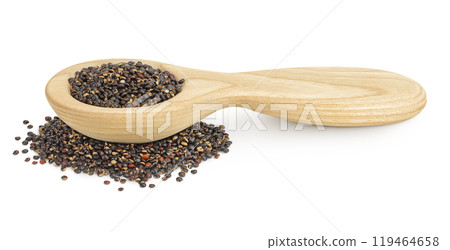 black quinoa in wooden spoon isolated on white background 119464658