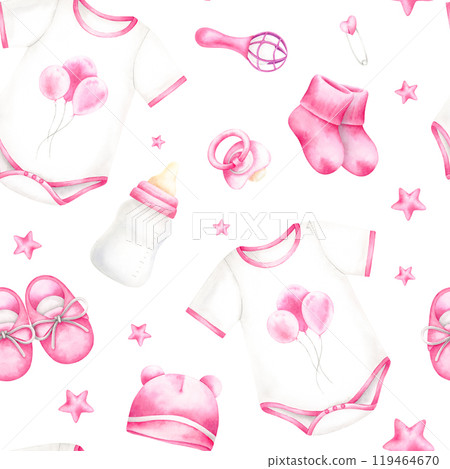 Bodysuit, beanie, socks, shoes, rattle, pacifier, bottle, safety pin, stars. Pink newborn girl items seamless pattern for baby shower. Watercolor hand drawn illustration isolated on white background. Bodysuit, beanie, socks, shoes, rattle, pacifier, bottle, safety pin, stars. Pink newborn girl items seamless pattern for baby shower. Watercolor hand drawn illustration isolated on white background. 119464670