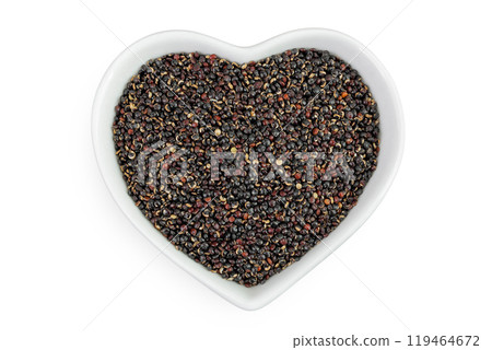 black quinoa in ceramic bowl isolated on white background. Top view. Flat lay black quinoa in ceramic bowl isolated on white background. Top view. Flat lay 119464672