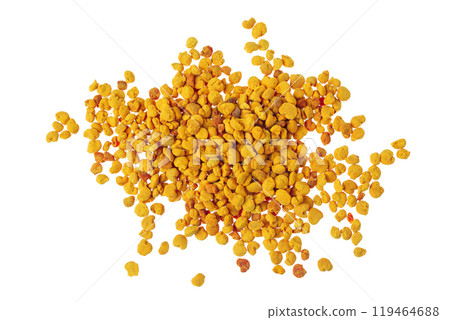 Bee pollen grains isolated on white background. Top view. Flat lay Bee pollen grains isolated on white background. Top view. Flat lay 119464688