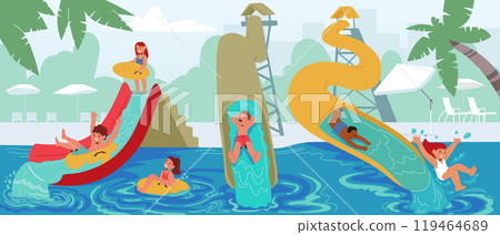 Joyful Children Characters Splash And Play On Water Slides In Vibrant Water Park Setting With Tropical Palm Trees 119464689
