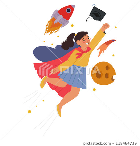 Young Girl Character In Superhero Outfit Soaring Through Space Inspiring The Idea Of Adventure Imagination And Education 119464739