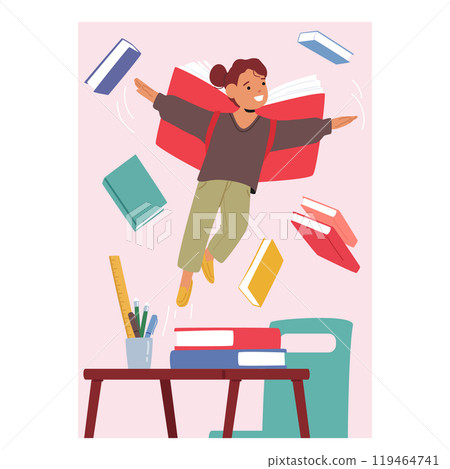 Student Girl Joyfully Flies In Classroom Surrounded By Books Symbolizing The Excitement And Adventure Of Back To School 119464741