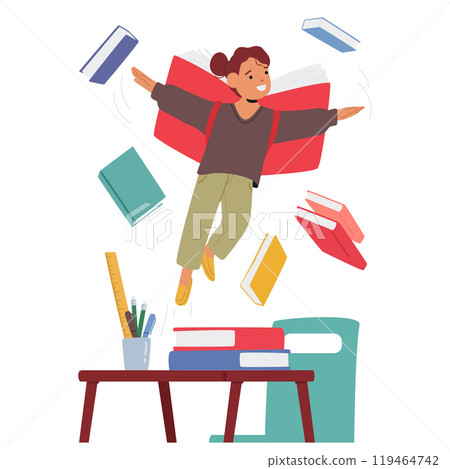 Child With Book Wings Experiencing The Excitement Of Learning With Books Flying Around, Capturing The Joy Back To School Child With Book Wings Experiencing The Excitement Of Learning With Books Flying Around, Capturing The Joy Back To School 119464742