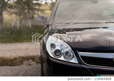 A Close-Up View of a Modern Car Getting Sprayed with Water in a Natural Setting 119464808