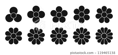 Set of flower diagrams with petals and core. Floral pie chart divided on equal segments in leaf shapes isolated on white background. Templates for data presentation. Vector graphic illustration 119465138