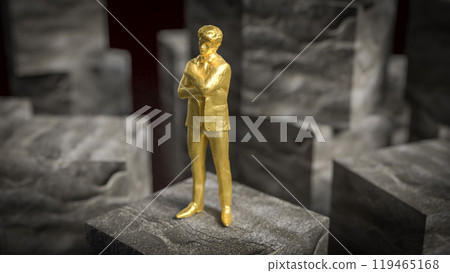 The gold business man stand on cube stone on black background  3d rendering. 119465168