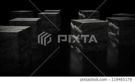 The Stone cube rock on black Background 3d rendering. 119465179