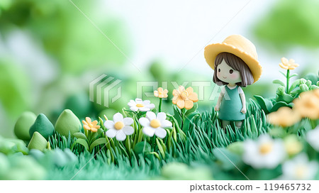 3D illustration of a cute girl walking through a clay-style meadow 3D illustration of a cute girl walking through a clay-style meadow 119465732