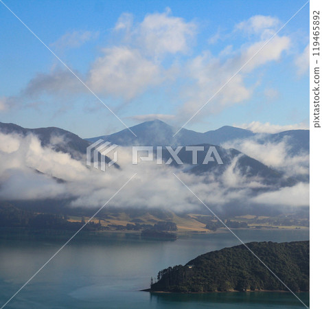 Mount Stokes and Kenepuru Sound on a summer morning. 119465892