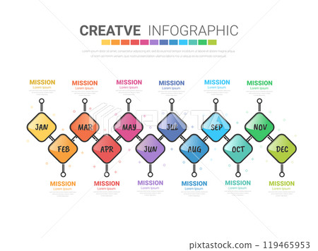 Presentation business infographic template, Timeline for 12 months, 1 year, can be used for workflow, process diagram, flow chart. 119465953