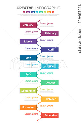 Presentation business infographic template, Timeline for 12 months, 1 year, can be used for workflow, process diagram, flow chart. Presentation business infographic template, Timeline for 12 months, 1 year, can be used for workflow, process diagram, flow chart. 119465968