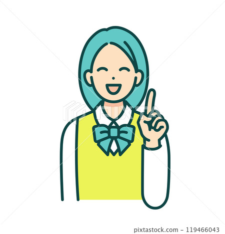 A line drawing illustration of a girl in a school uniform pointing straight ahead. A line drawing illustration of a girl in a school uniform pointing straight ahead. 119466043